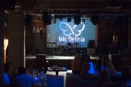 Логотип Iris Delicia на большом экране над сценой