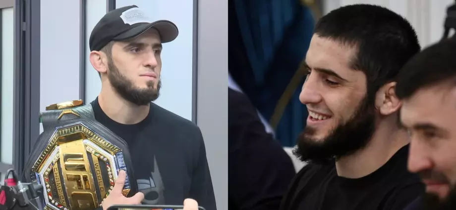 Ислам Махачев с чемпионским поясом UFC и на встрече в Махачкале