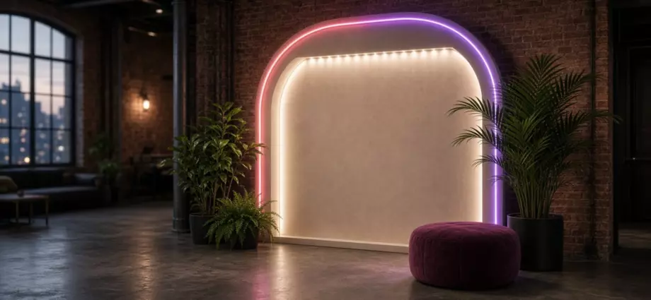 Фотозона с розово-фиолетовым неоновым контуром и LED-подсветкой в лофте, без людей
